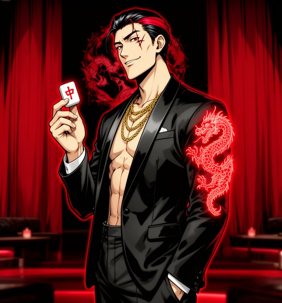 A Red Dragon player in a black suit, red dragon tattooed down one arm, holding up the red dragon tile in a curtained club lounge.